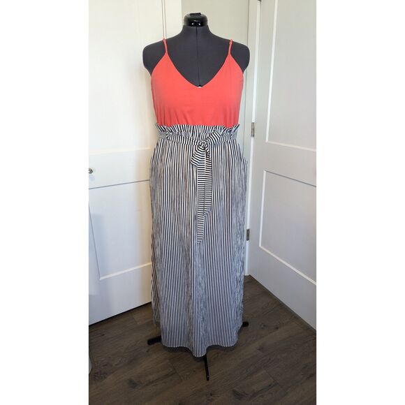 Main Strip Womens Maxi Dress Plus 2XL Paper Bag Waist Adjustable Pink Orange - Picture 1 of 8